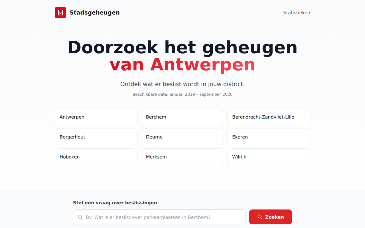 Stadsgeheugen’s search interface, with a district selector and a box for asking about council decisions
