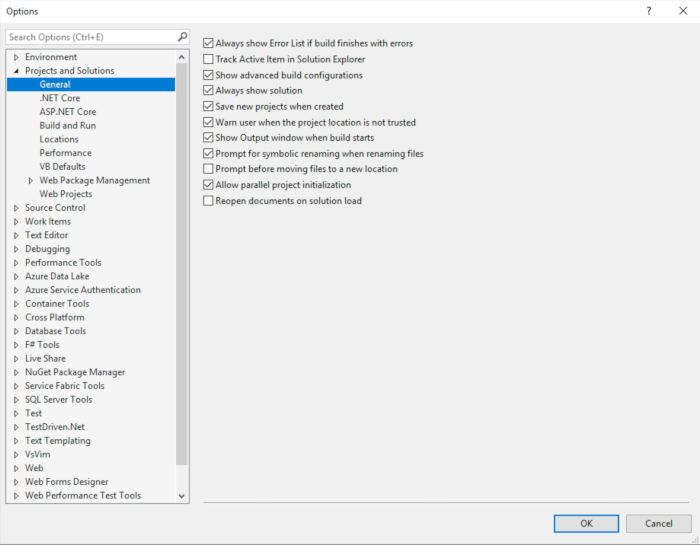Visual Studio options